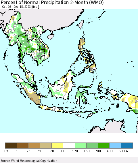 South East Asia Percent of Normal Precipitation 2-Month (WMO) Thematic Map For 10/16/2023 - 12/15/2023