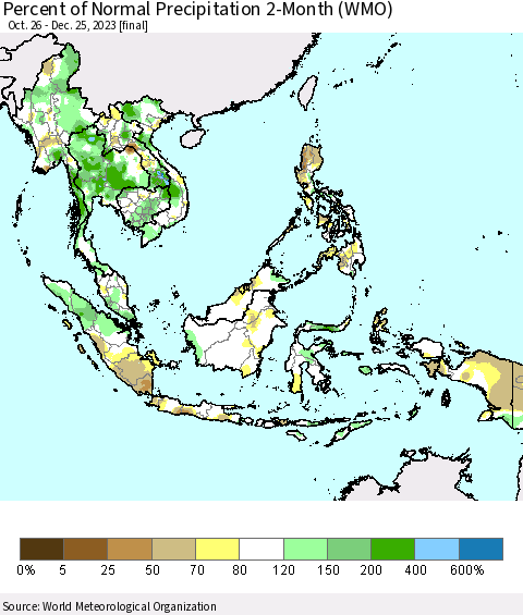 South East Asia Percent of Normal Precipitation 2-Month (WMO) Thematic Map For 10/26/2023 - 12/25/2023