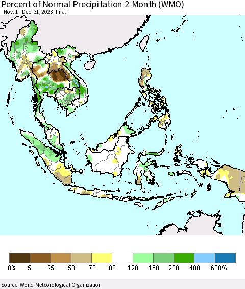 South East Asia Percent of Normal Precipitation 2-Month (WMO) Thematic Map For 11/1/2023 - 12/31/2023
