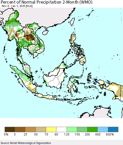 South East Asia Percent of Normal Precipitation 2-Month (WMO) Thematic Map For 11/6/2023 - 1/5/2024