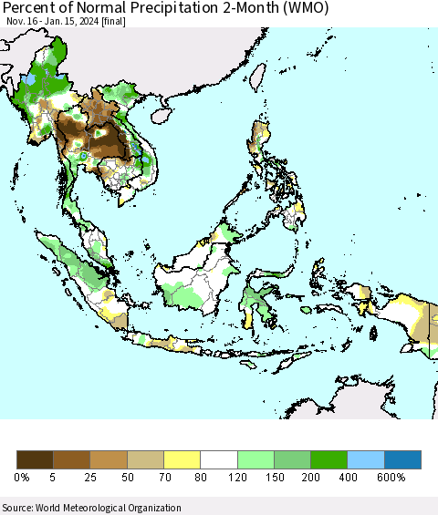 South East Asia Percent of Normal Precipitation 2-Month (WMO) Thematic Map For 11/16/2023 - 1/15/2024