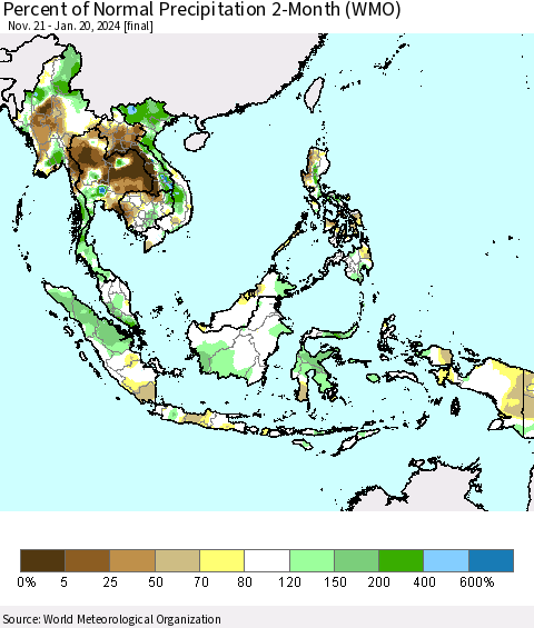 South East Asia Percent of Normal Precipitation 2-Month (WMO) Thematic Map For 11/21/2023 - 1/20/2024