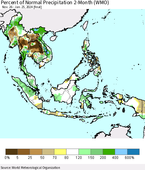 South East Asia Percent of Normal Precipitation 2-Month (WMO) Thematic Map For 11/26/2023 - 1/25/2024