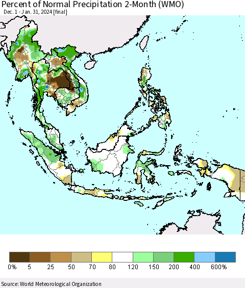 South East Asia Percent of Normal Precipitation 2-Month (WMO) Thematic Map For 12/1/2023 - 1/31/2024