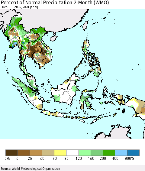 South East Asia Percent of Normal Precipitation 2-Month (WMO) Thematic Map For 12/6/2023 - 2/5/2024