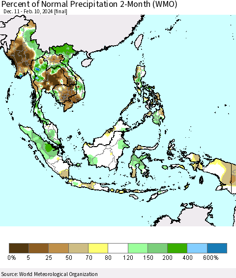 South East Asia Percent of Normal Precipitation 2-Month (WMO) Thematic Map For 12/11/2023 - 2/10/2024
