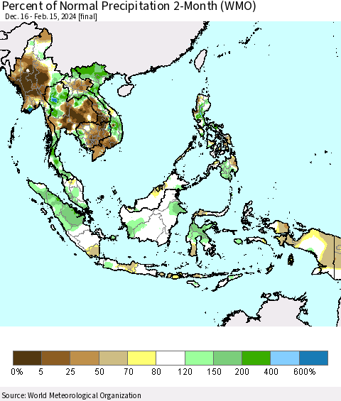 South East Asia Percent of Normal Precipitation 2-Month (WMO) Thematic Map For 12/16/2023 - 2/15/2024