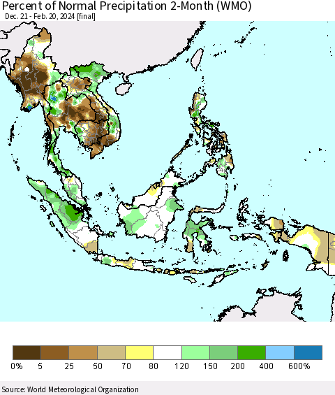 South East Asia Percent of Normal Precipitation 2-Month (WMO) Thematic Map For 12/21/2023 - 2/20/2024
