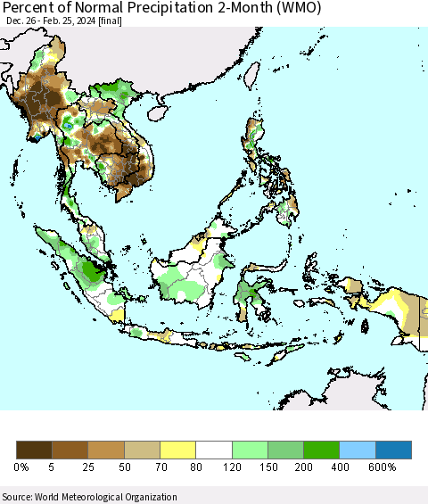 South East Asia Percent of Normal Precipitation 2-Month (WMO) Thematic Map For 12/26/2023 - 2/25/2024