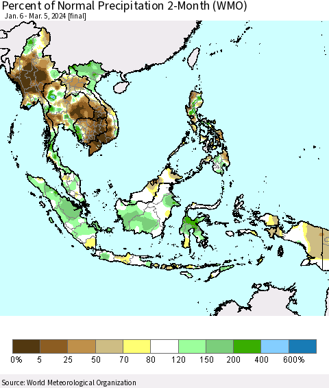 South East Asia Percent of Normal Precipitation 2-Month (WMO) Thematic Map For 1/6/2024 - 3/5/2024