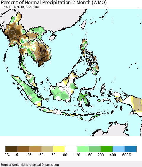 South East Asia Percent of Normal Precipitation 2-Month (WMO) Thematic Map For 1/11/2024 - 3/10/2024