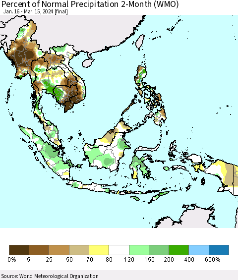 South East Asia Percent of Normal Precipitation 2-Month (WMO) Thematic Map For 1/16/2024 - 3/15/2024