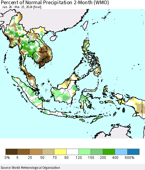 South East Asia Percent of Normal Precipitation 2-Month (WMO) Thematic Map For 1/26/2024 - 3/25/2024
