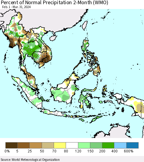South East Asia Percent of Normal Precipitation 2-Month (WMO) Thematic Map For 2/1/2024 - 3/31/2024