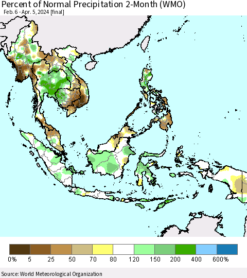 South East Asia Percent of Normal Precipitation 2-Month (WMO) Thematic Map For 2/6/2024 - 4/5/2024