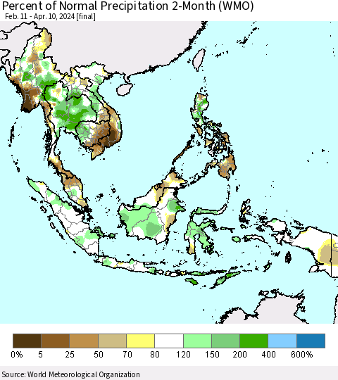 South East Asia Percent of Normal Precipitation 2-Month (WMO) Thematic Map For 2/11/2024 - 4/10/2024