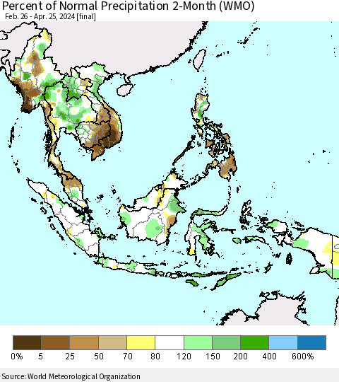 South East Asia Percent of Normal Precipitation 2-Month (WMO) Thematic Map For 2/26/2024 - 4/25/2024