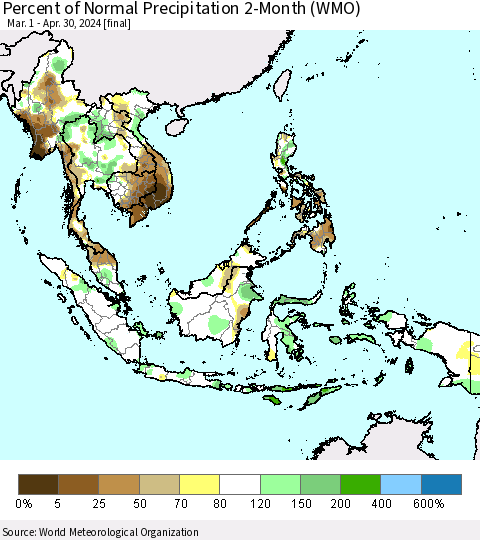 South East Asia Percent of Normal Precipitation 2-Month (WMO) Thematic Map For 3/1/2024 - 4/30/2024