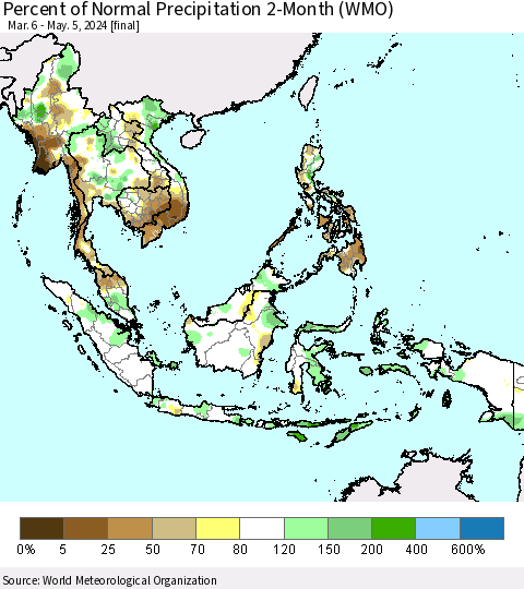 South East Asia Percent of Normal Precipitation 2-Month (WMO) Thematic Map For 3/6/2024 - 5/5/2024