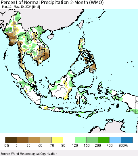 South East Asia Percent of Normal Precipitation 2-Month (WMO) Thematic Map For 3/11/2024 - 5/10/2024