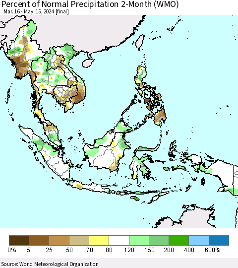 South East Asia Percent of Normal Precipitation 2-Month (WMO) Thematic Map For 3/16/2024 - 5/15/2024