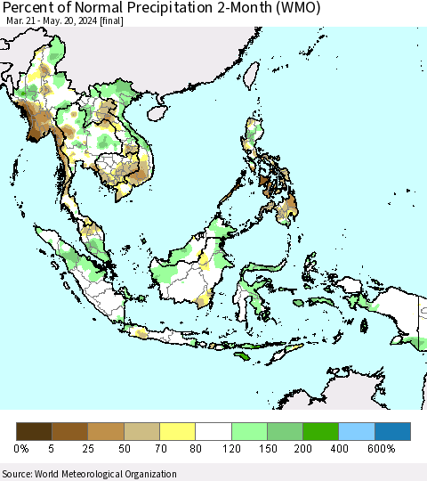 South East Asia Percent of Normal Precipitation 2-Month (WMO) Thematic Map For 3/21/2024 - 5/20/2024