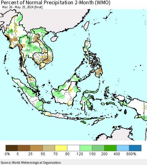 South East Asia Percent of Normal Precipitation 2-Month (WMO) Thematic Map For 3/26/2024 - 5/25/2024