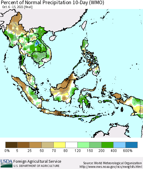 South East Asia Percent of Normal Precipitation 10-Day (WMO) Thematic Map For 10/6/2021 - 10/15/2021