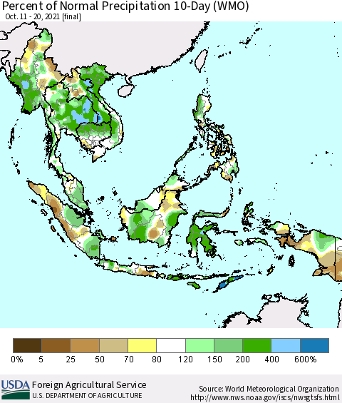 South East Asia Percent of Normal Precipitation 10-Day (WMO) Thematic Map For 10/11/2021 - 10/20/2021