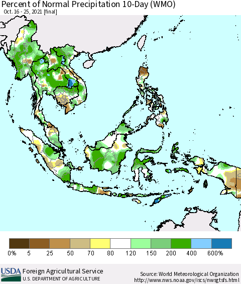 South East Asia Percent of Normal Precipitation 10-Day (WMO) Thematic Map For 10/16/2021 - 10/25/2021