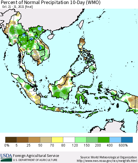 South East Asia Percent of Normal Precipitation 10-Day (WMO) Thematic Map For 10/21/2021 - 10/31/2021
