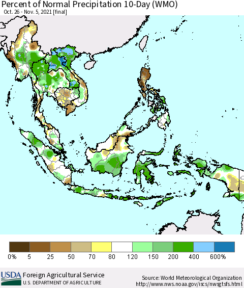 South East Asia Percent of Normal Precipitation 10-Day (WMO) Thematic Map For 10/26/2021 - 11/5/2021