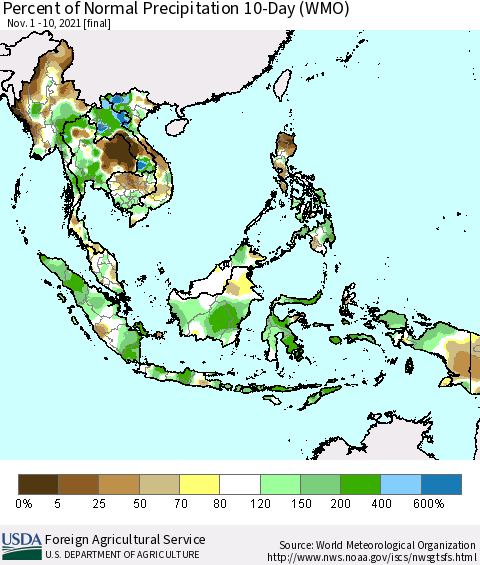 South East Asia Percent of Normal Precipitation 10-Day (WMO) Thematic Map For 11/1/2021 - 11/10/2021