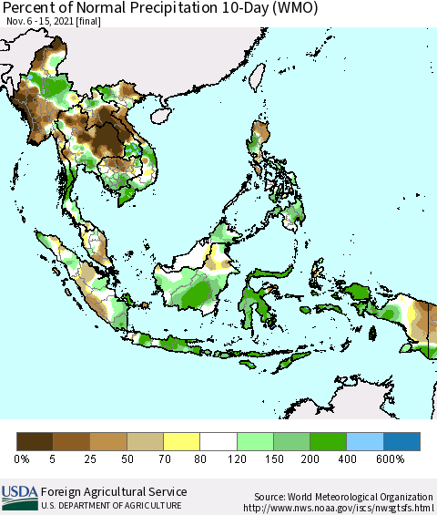 South East Asia Percent of Normal Precipitation 10-Day (WMO) Thematic Map For 11/6/2021 - 11/15/2021