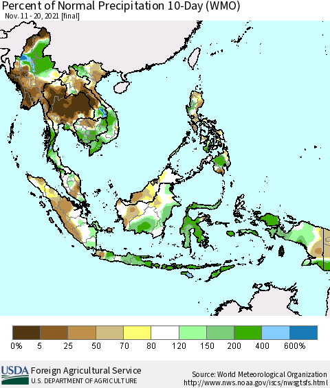 South East Asia Percent of Normal Precipitation 10-Day (WMO) Thematic Map For 11/11/2021 - 11/20/2021