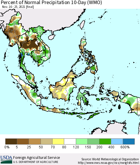 South East Asia Percent of Normal Precipitation 10-Day (WMO) Thematic Map For 11/16/2021 - 11/25/2021