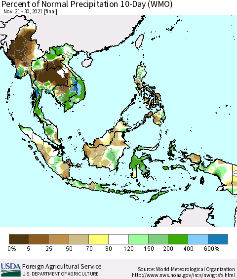 South East Asia Percent of Normal Precipitation 10-Day (WMO) Thematic Map For 11/21/2021 - 11/30/2021