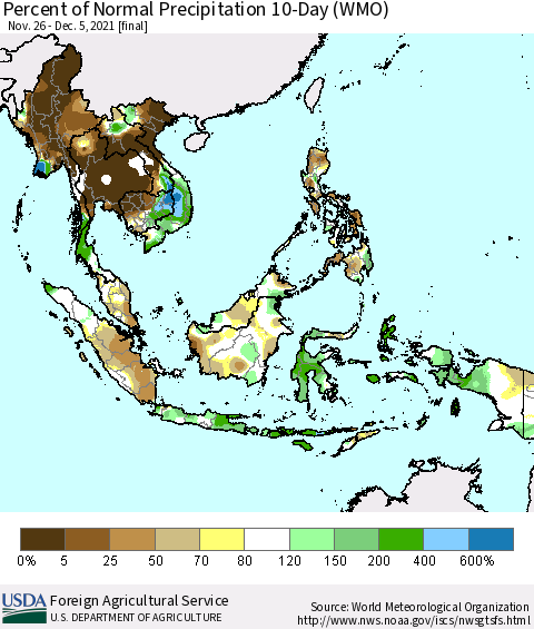 South East Asia Percent of Normal Precipitation 10-Day (WMO) Thematic Map For 11/26/2021 - 12/5/2021
