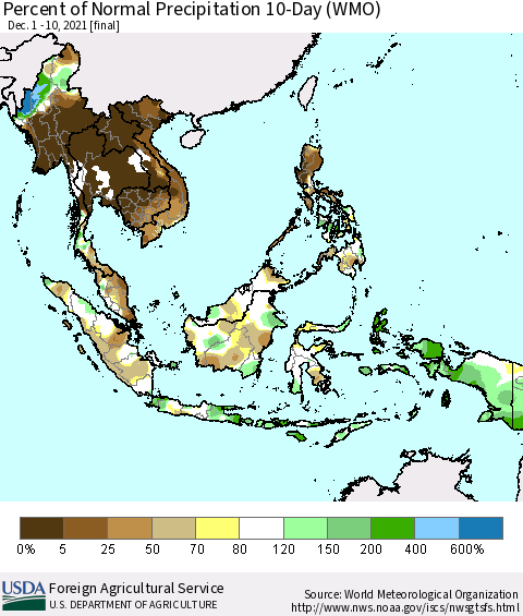 South East Asia Percent of Normal Precipitation 10-Day (WMO) Thematic Map For 12/1/2021 - 12/10/2021