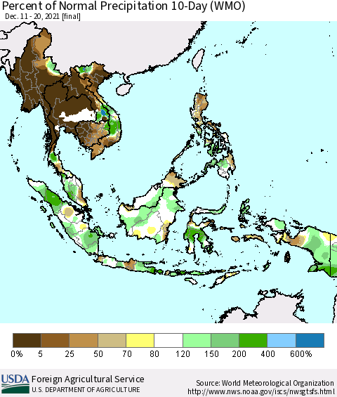 South East Asia Percent of Normal Precipitation 10-Day (WMO) Thematic Map For 12/11/2021 - 12/20/2021