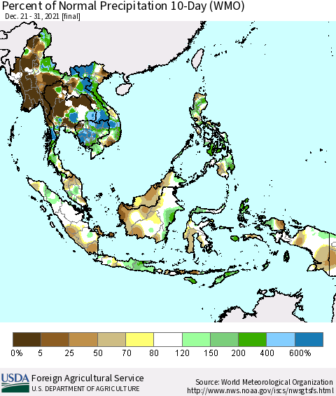 South East Asia Percent of Normal Precipitation 10-Day (WMO) Thematic Map For 12/21/2021 - 12/31/2021