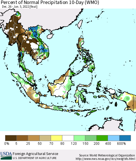 South East Asia Percent of Normal Precipitation 10-Day (WMO) Thematic Map For 12/26/2021 - 1/5/2022