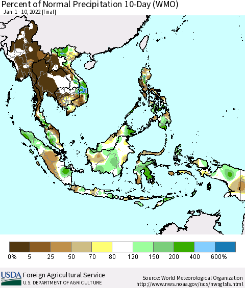 South East Asia Percent of Normal Precipitation 10-Day (WMO) Thematic Map For 1/1/2022 - 1/10/2022