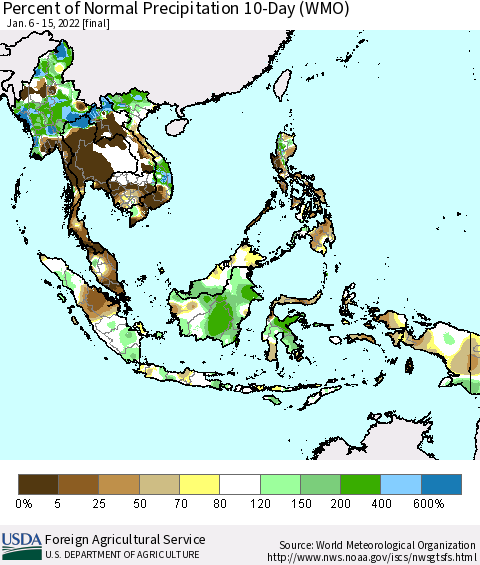 South East Asia Percent of Normal Precipitation 10-Day (WMO) Thematic Map For 1/6/2022 - 1/15/2022
