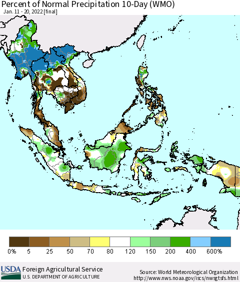 South East Asia Percent of Normal Precipitation 10-Day (WMO) Thematic Map For 1/11/2022 - 1/20/2022