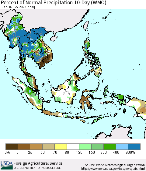South East Asia Percent of Normal Precipitation 10-Day (WMO) Thematic Map For 1/16/2022 - 1/25/2022