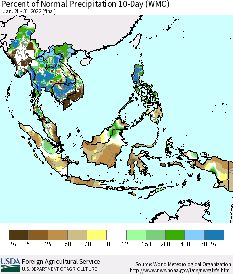 South East Asia Percent of Normal Precipitation 10-Day (WMO) Thematic Map For 1/21/2022 - 1/31/2022