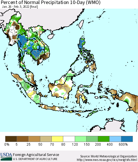 South East Asia Percent of Normal Precipitation 10-Day (WMO) Thematic Map For 1/26/2022 - 2/5/2022
