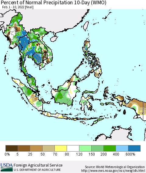South East Asia Percent of Normal Precipitation 10-Day (WMO) Thematic Map For 2/1/2022 - 2/10/2022
