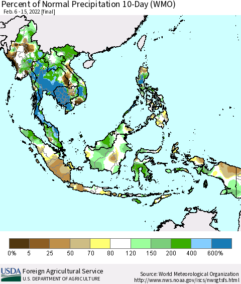 South East Asia Percent of Normal Precipitation 10-Day (WMO) Thematic Map For 2/6/2022 - 2/15/2022